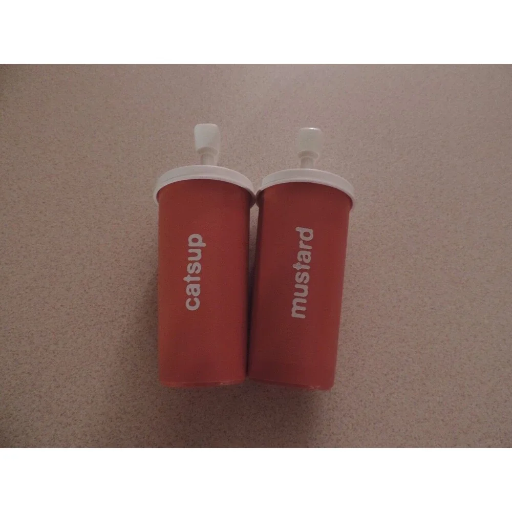 Tupperware CATSUP / Ketchup & MUSTARD Pump CONDIMENT SET orangish color vintage